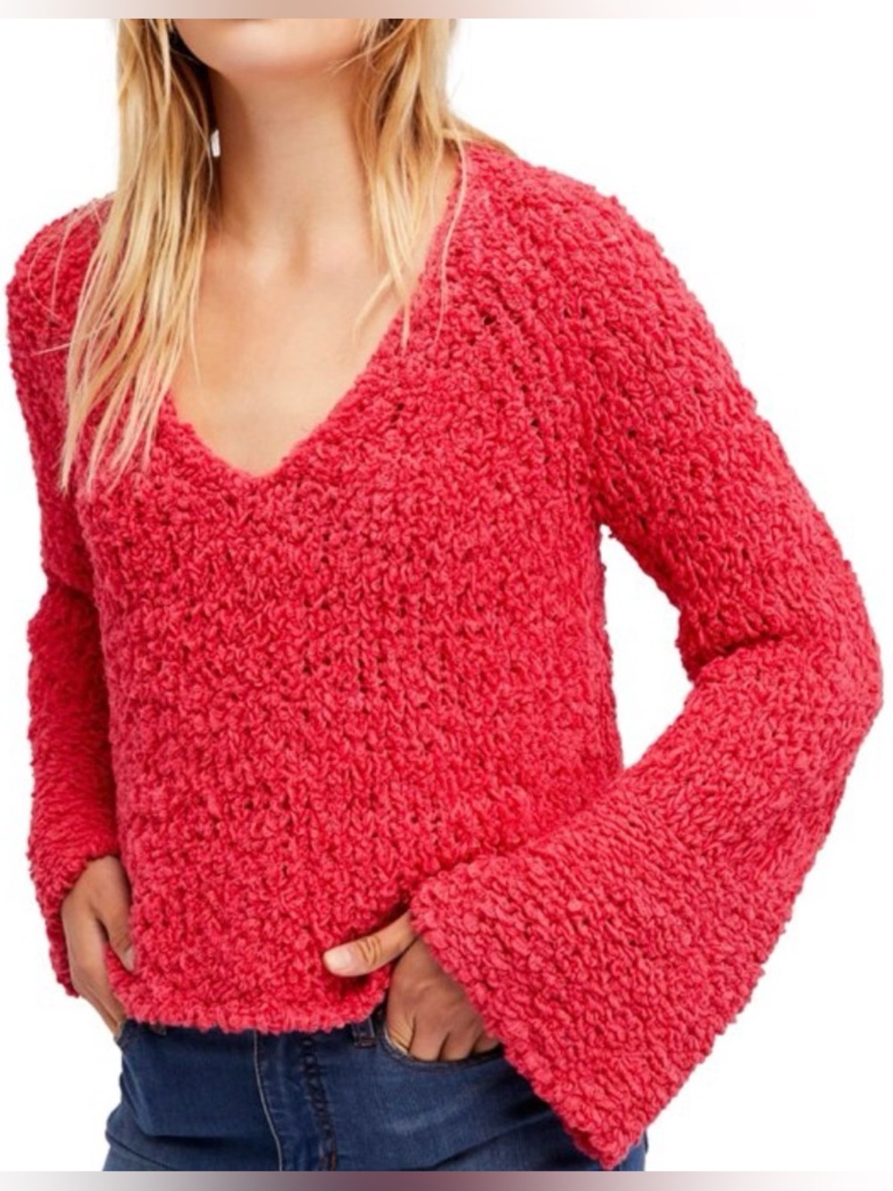 Free People Red Oversized Cropped Sand Dune Bell Sleeve Knit Sweater Size Small